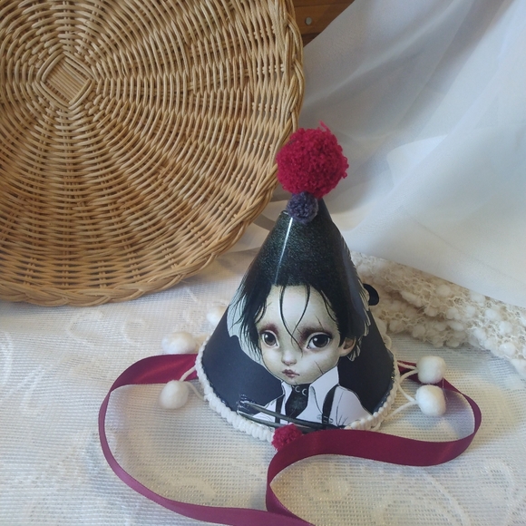 Unique Character Print Party Hat with Pom Poms